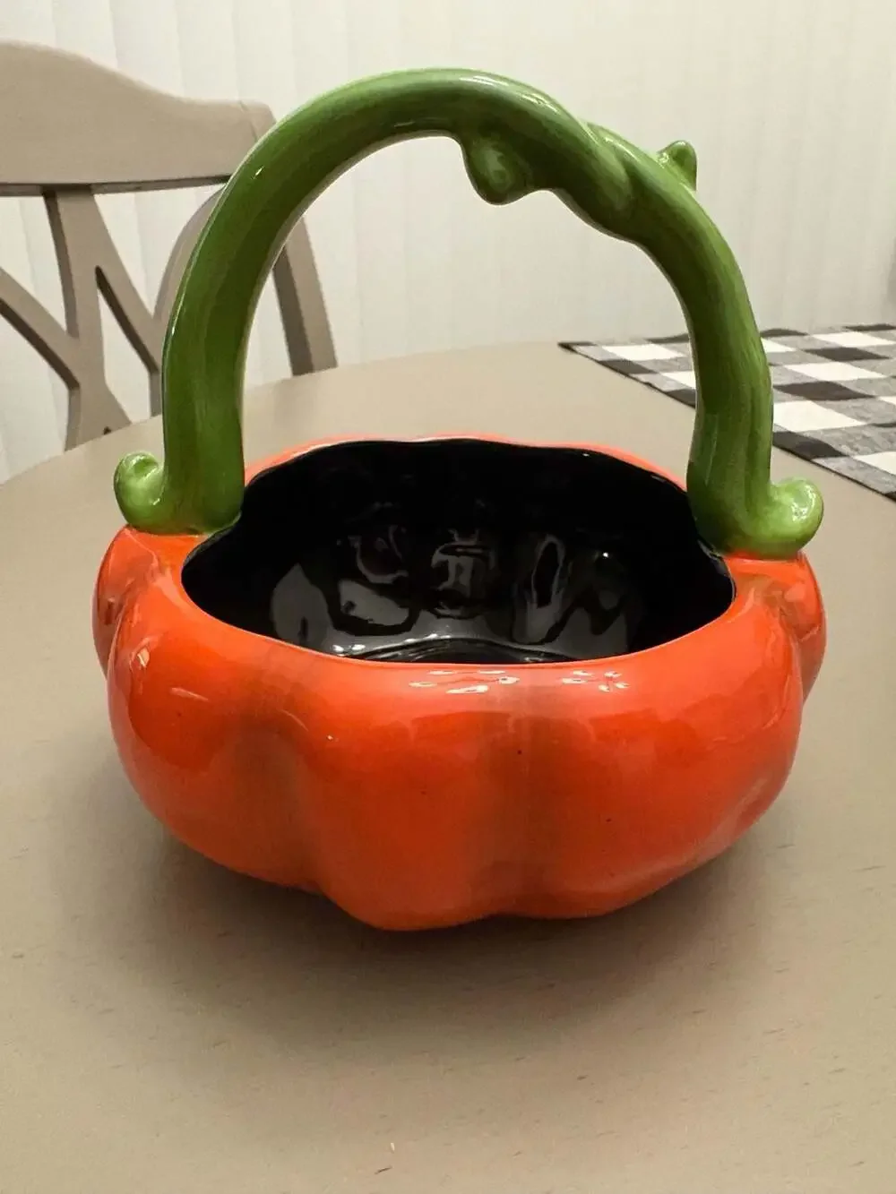 Ceramic Jack-O-Lantern Candy Bowl Basket with Twisted Branch Handle